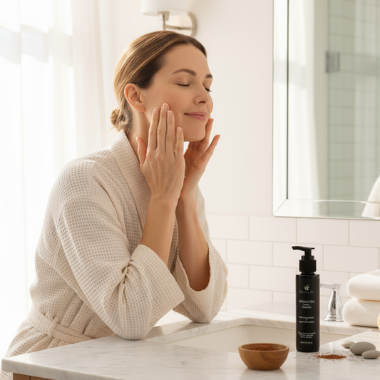 Rooibos Facial Cleanser on a sink with a woman washing her face