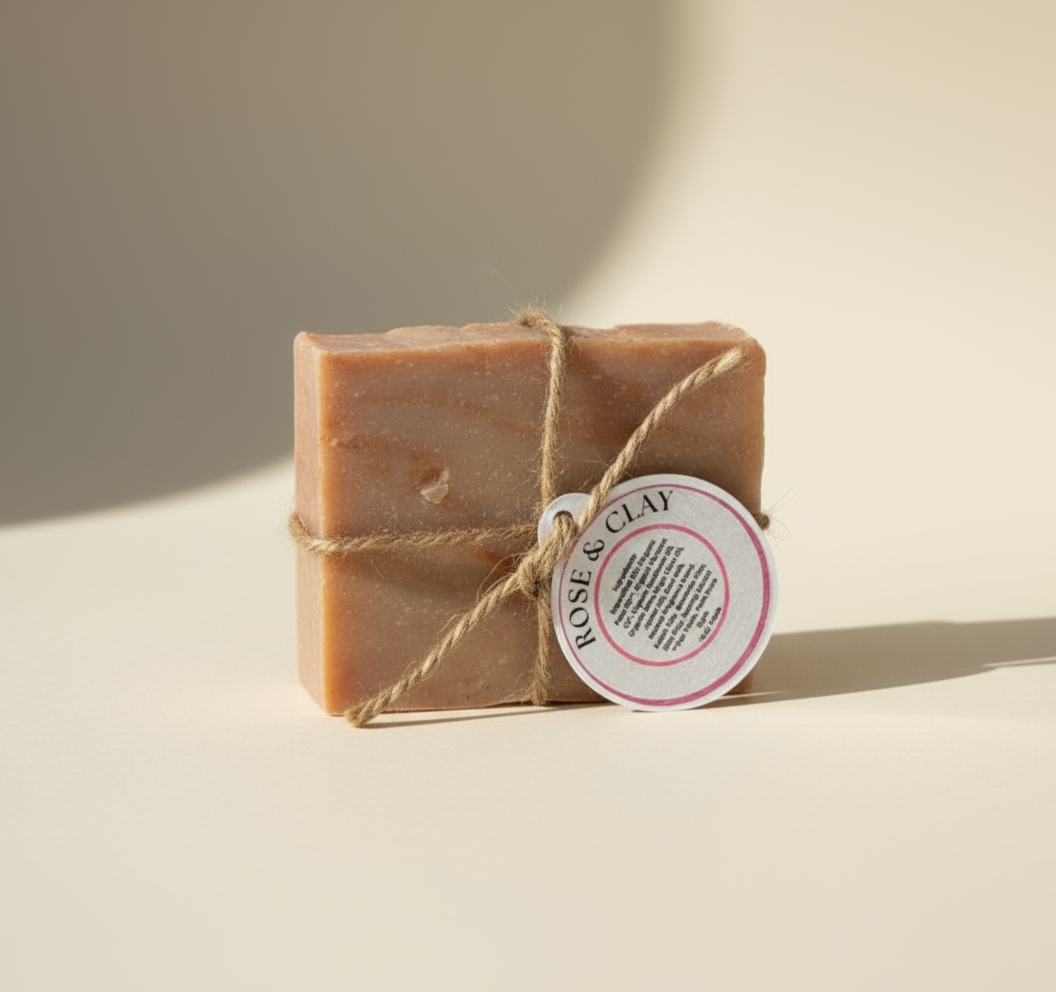 Rose and Clay Goatmilk Soap - Cream Background Natural Lighting