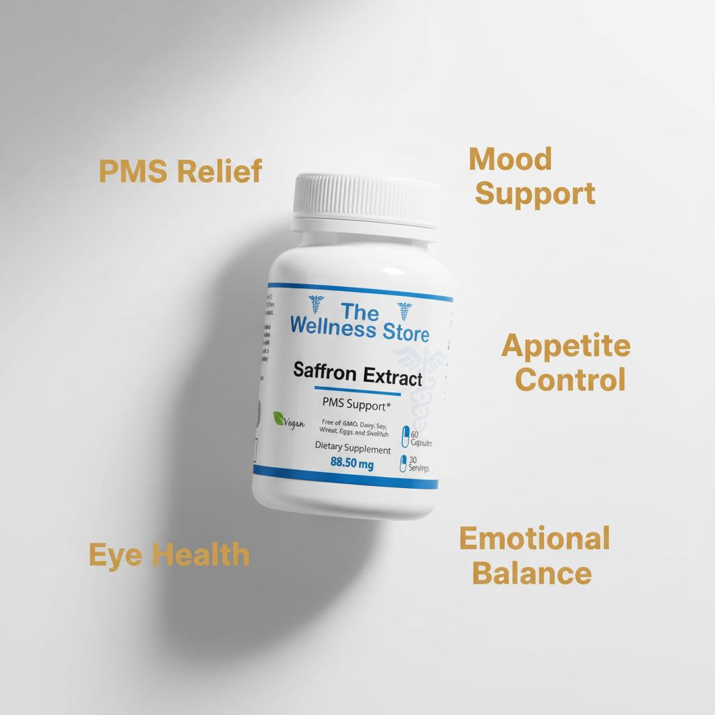 Saffron Extract 88.5mg supplement for PMS relief, mood support, appetite control, and eye health