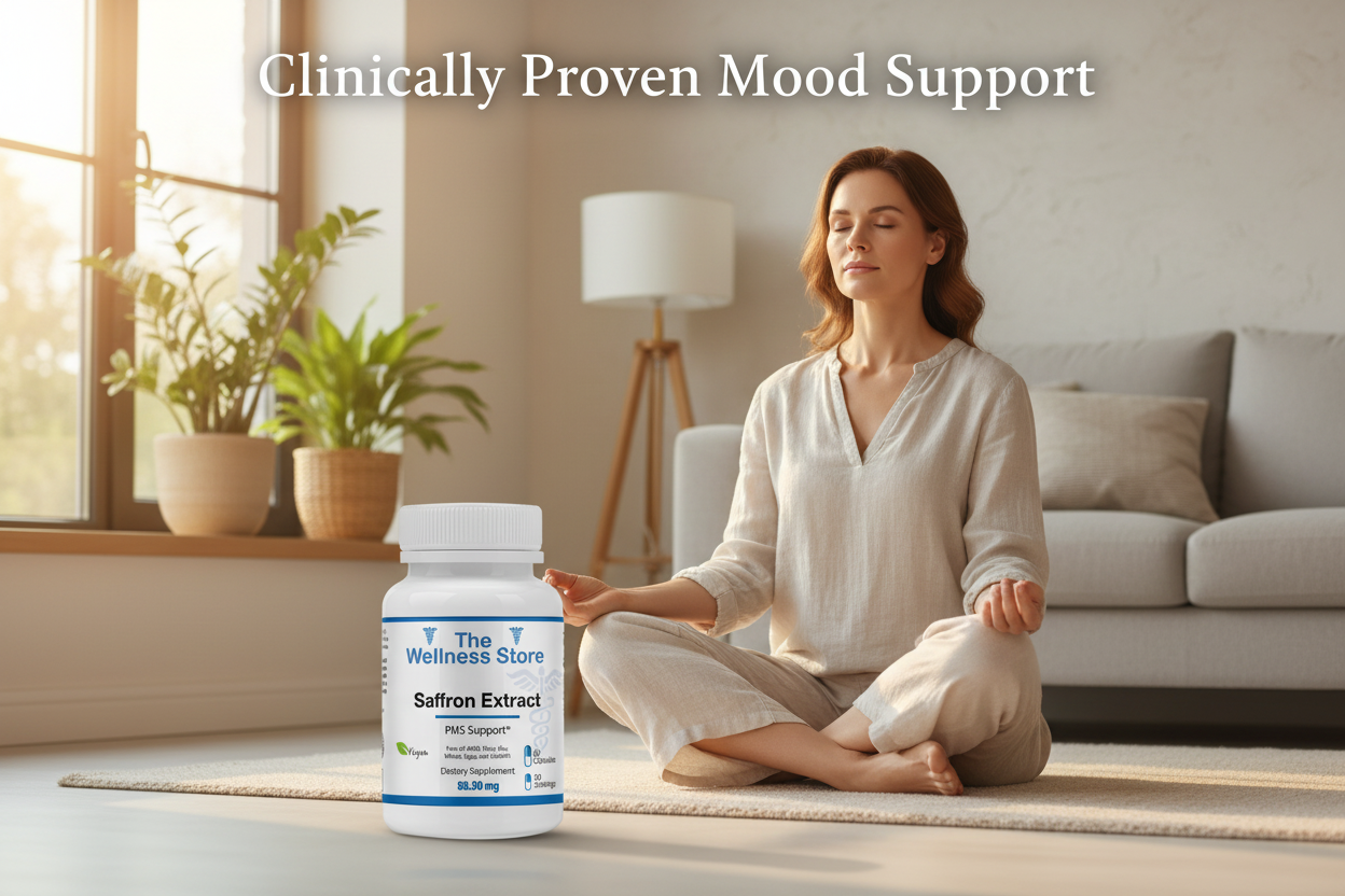 Woman in peaceful setting showing emotional wellness with saffron extract mood support supplement for PMS and stress relief