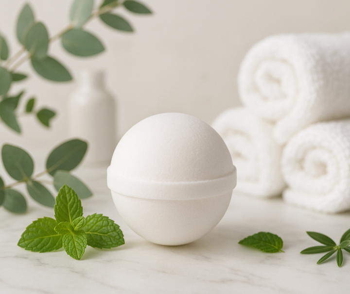 white sinus soother bath bomb on a stone counter with leaves and towels