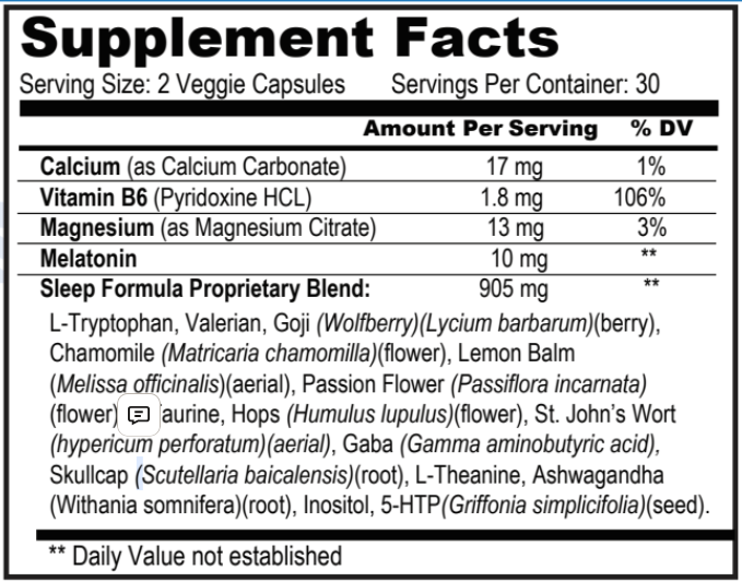 Sleep supplements nutrition facts label showing melatonin magnesium and natural sleep ingredients