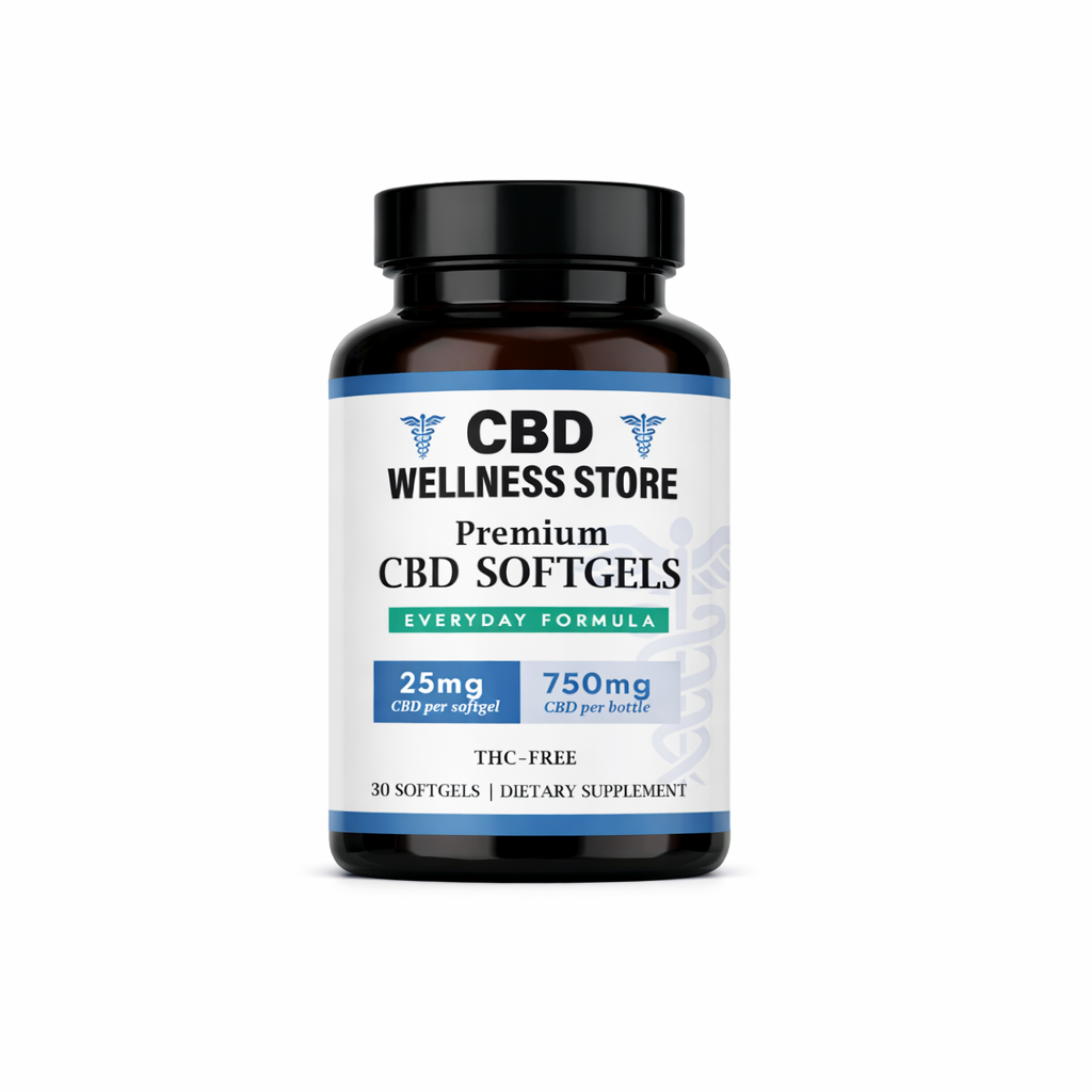 CBD Wellness Store premium 25 mg CBD softgels bottle on a white background