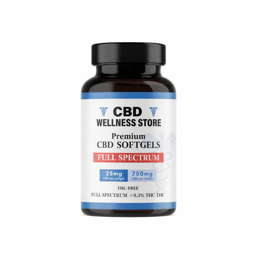 CBD Wellness Store premium 25mg CBD full spectrum  softgels bottle on a white background