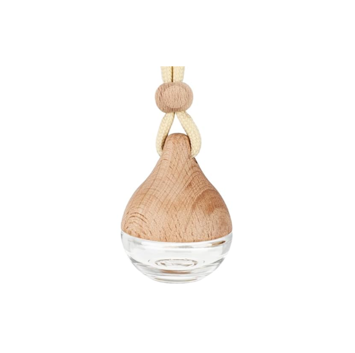 Clear glass car air freshener with wooden top on a white background