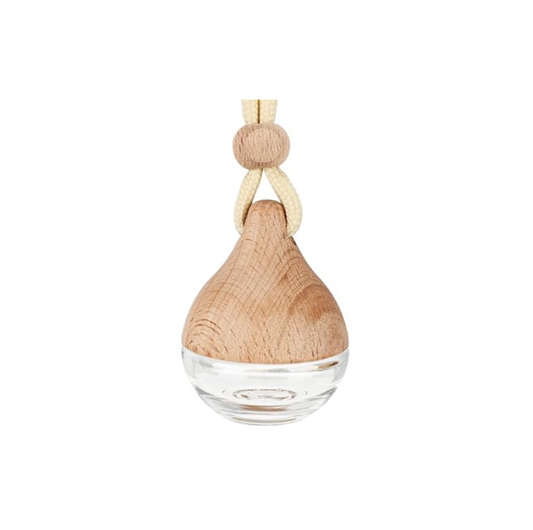Clear glass car air freshener with wooden top on a white background