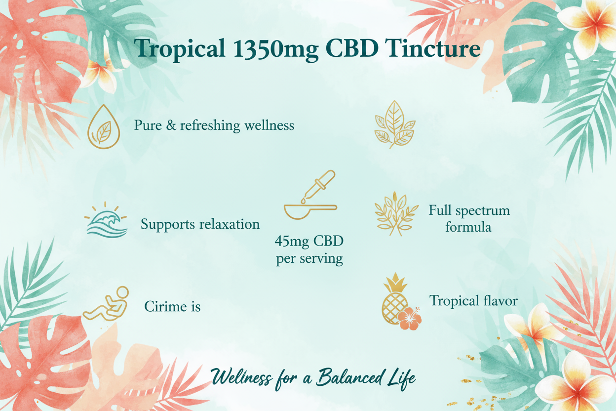 Tropical 1350mg CBD Tincture benefits - Pure refreshing wellness, supports relaxation, 45mg CBD per serving, full spectrum formula with tropical flavor for balanced life