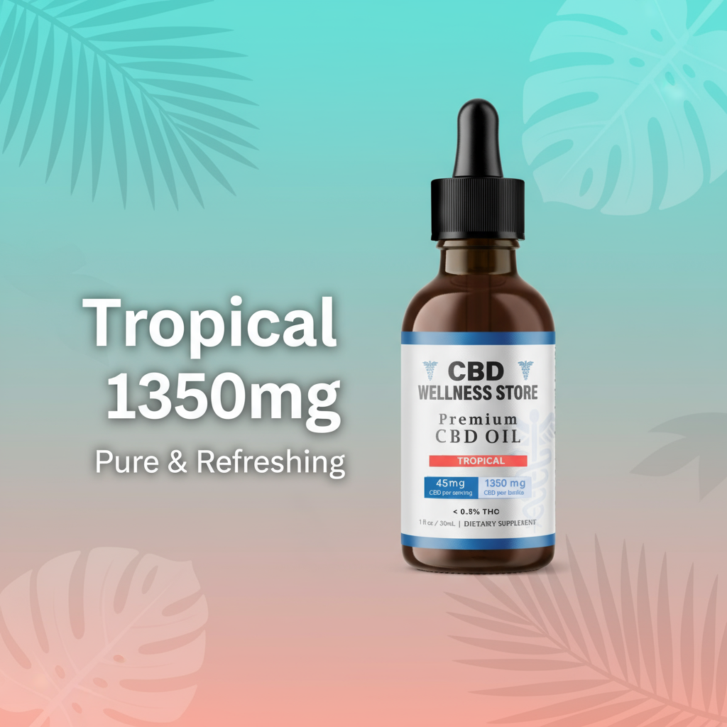 Tropical Full Spectrum CBD Oil 1350mg bottle with dropper - Premium CBD Wellness Store pure and refreshing tincture with less than 0.8% THC