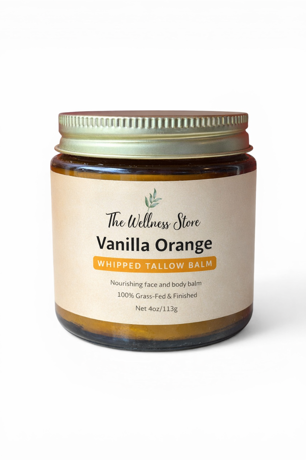 Jar of Vanilla Orange Whipped Tallow Balm from The Wellness Store on a white background