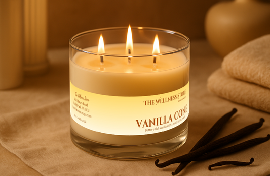Three-wick candle labeled 'Vanilla Com' from 'The Wellness Store' on a textured surface with vanilla beans.