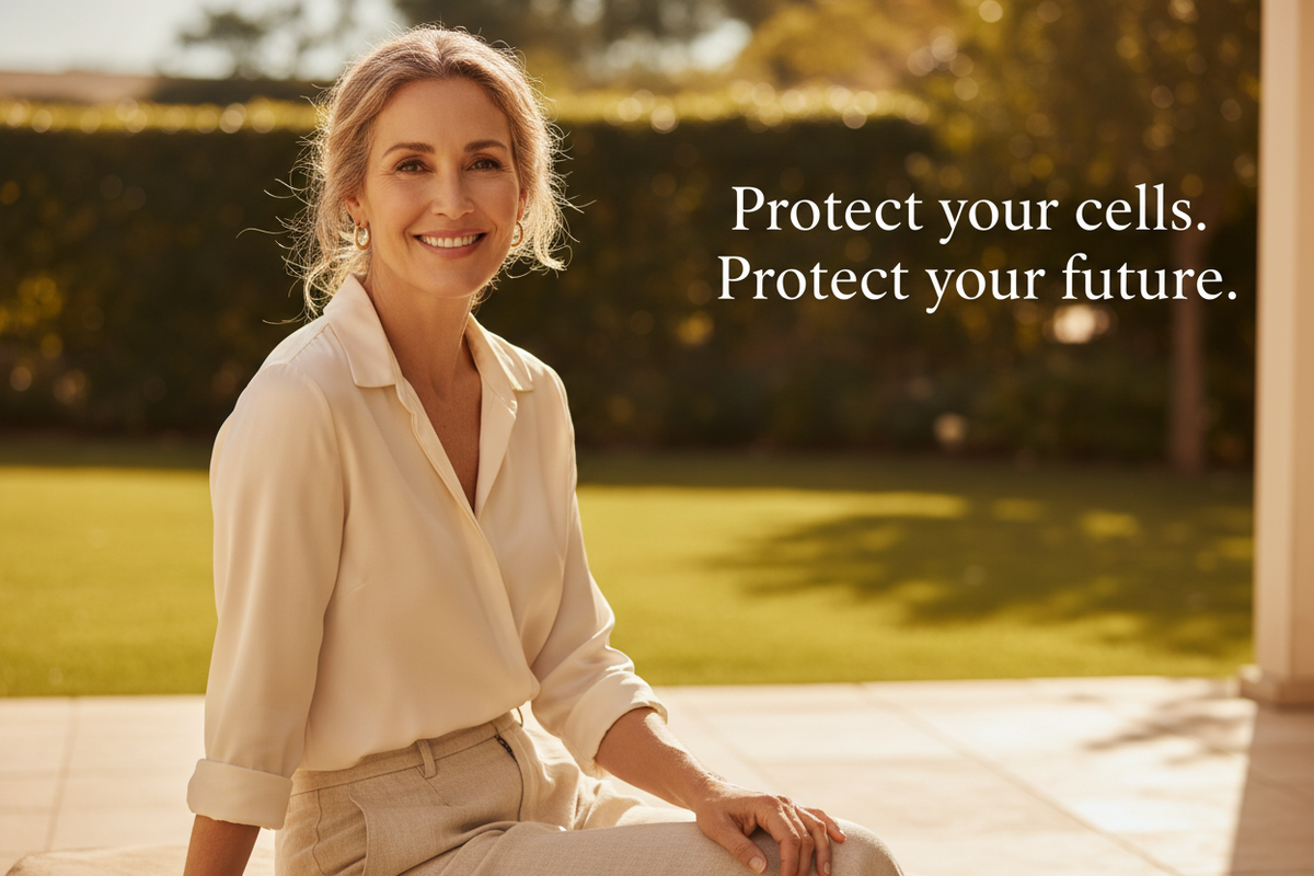 Radiant woman in natural light with text "Protect your cells. Protect your future." — E-400 IU Vitamin E by The Wellness Store