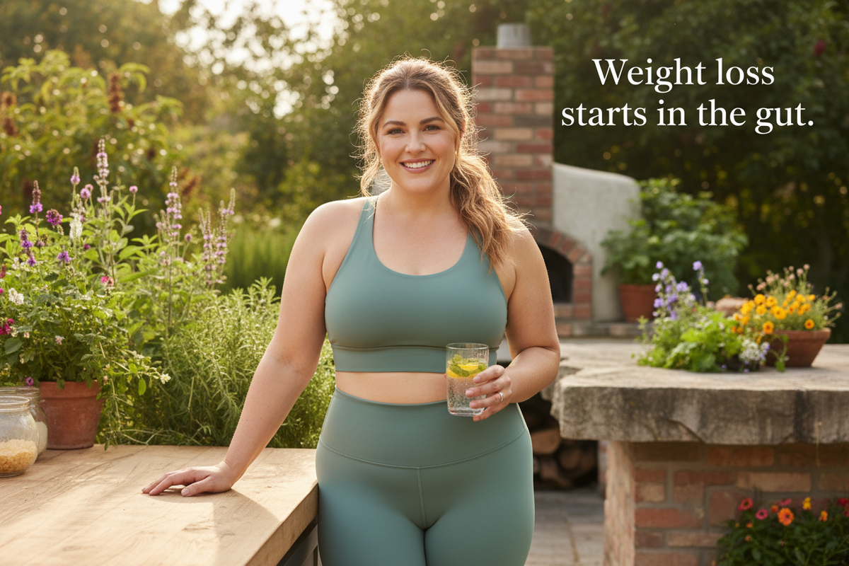Confident curvy woman smiling warmly in casual wellness attire in a bright natural setting with text "Weight loss starts in the gut." — Weight Drop Metabolic and Appetite Support Formula by The Wellness Store