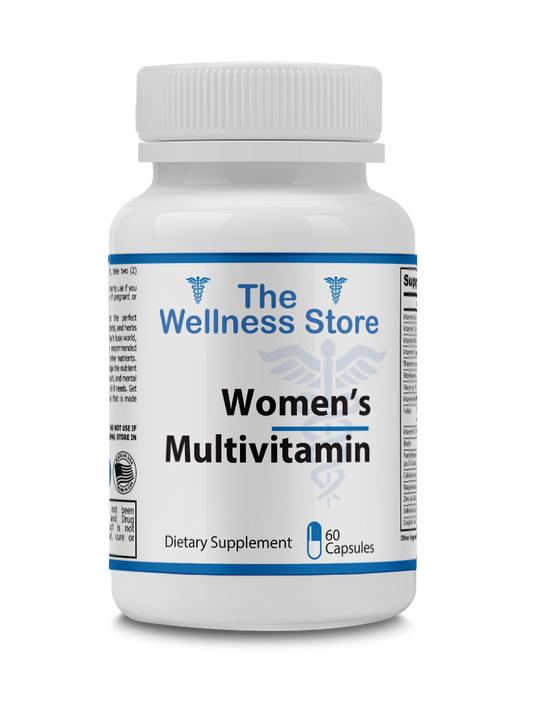 Bottle of 'The Wellness Store' Women's Multivitamin on a white background