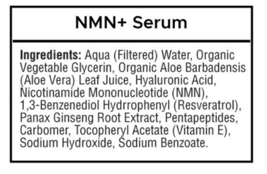 xxxList of ingredients for NMN+ Serum for anti-aging on a white background