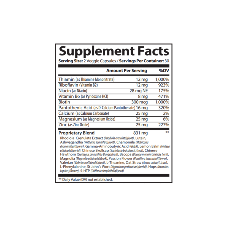 xxxStress relief supplement Deep Calm nutrition facts with ashwagandha, rhodiola, GABA, 5-HTP, and valerian root