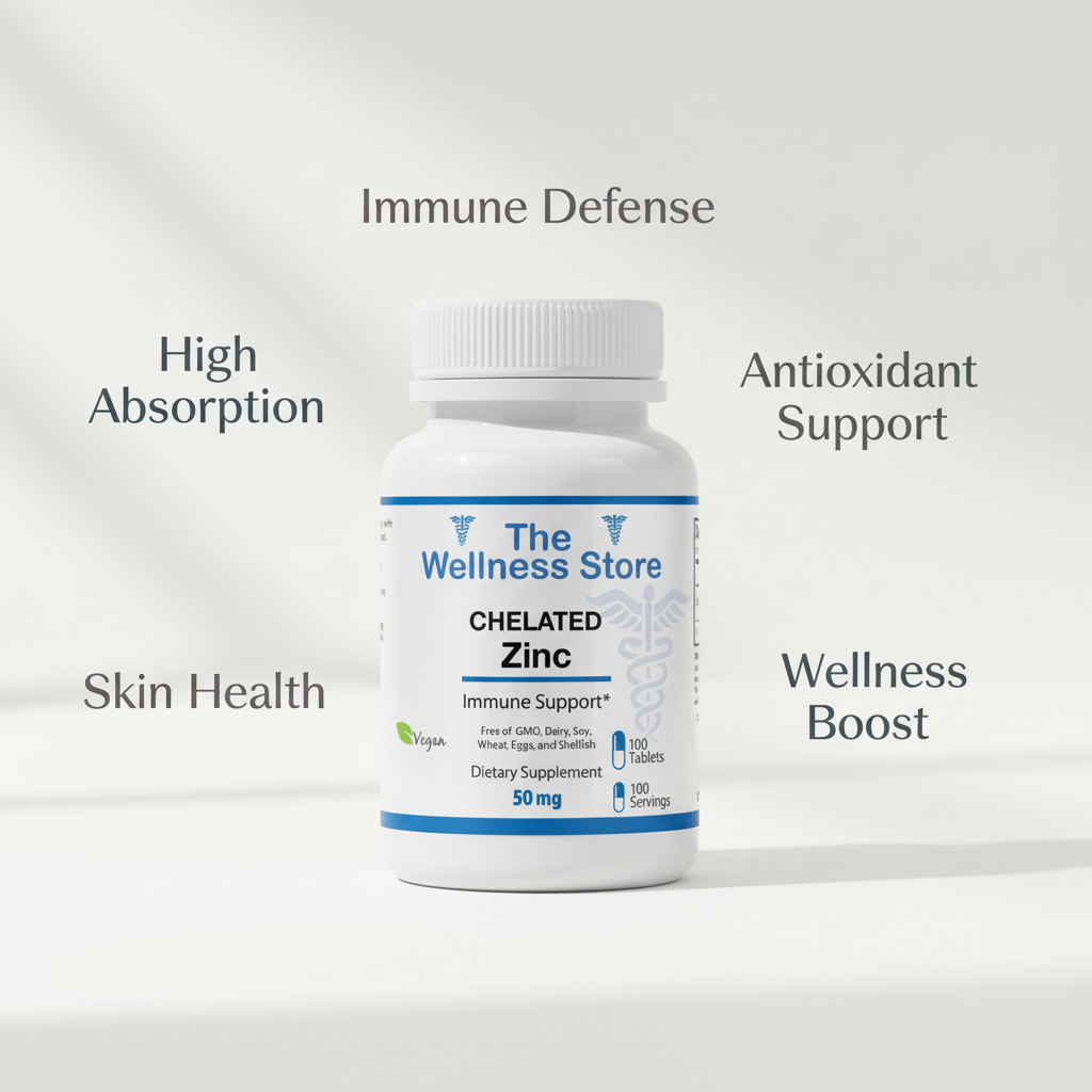 Chelated Zinc 50mg supplement for immune support, skin health, and antioxidant protection